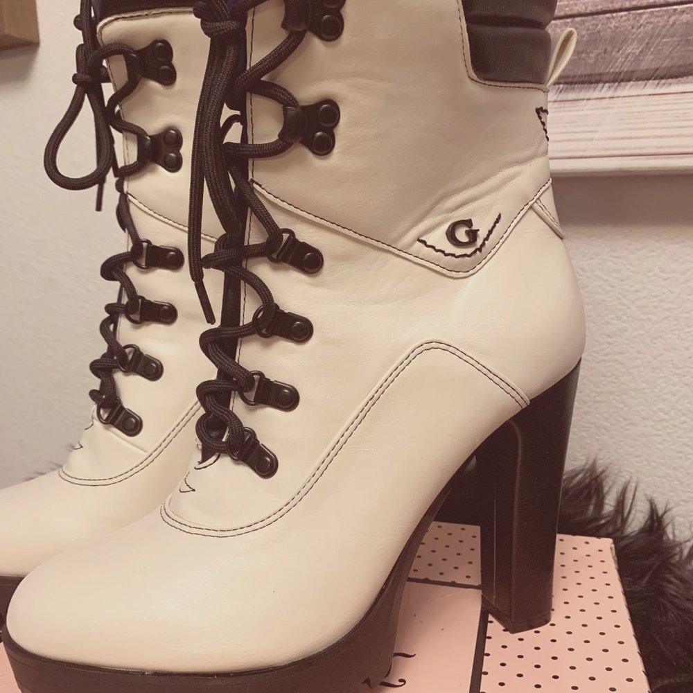 GUESS Cream and Black Platform Combat Boot Heels ~